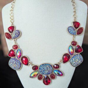 Multicolor Glass Beads Necklace - Fashion Statement Jewelry, Gold Tone Chain